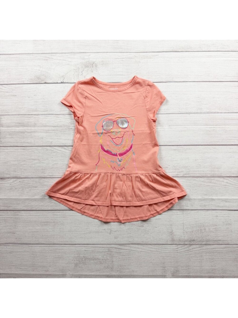 Lands End Girls Short Sleeve Dog Graphic Peplum Hem Tunic Top M 5-6